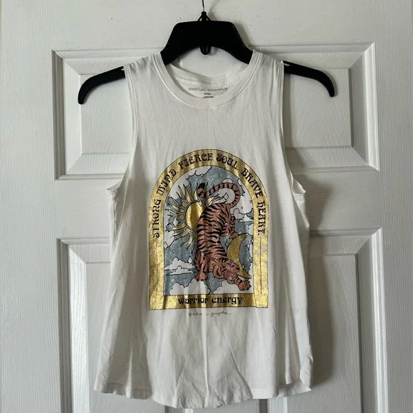 Spiritual Gangster White and gold crew neck tank top with tiger graphic, small - Picture 2 of 6